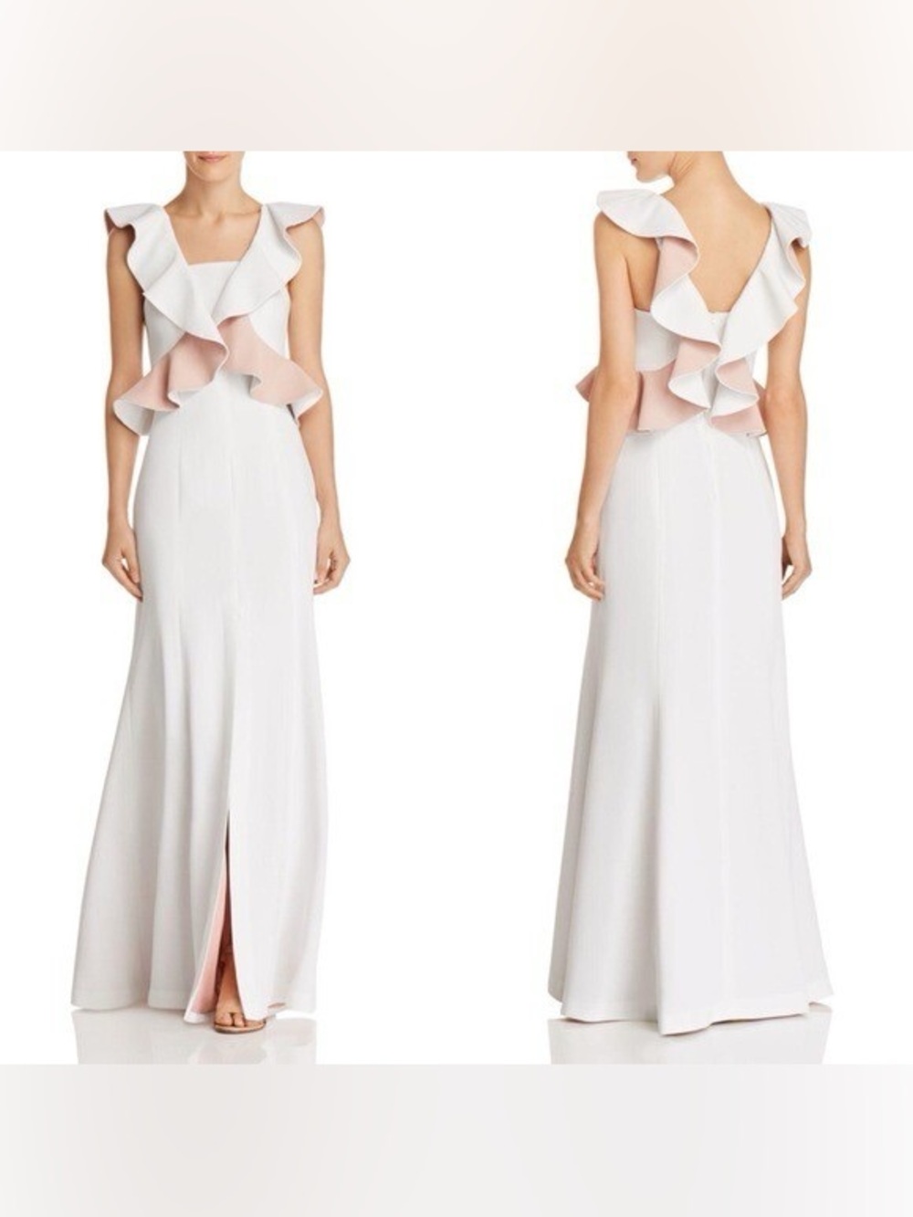 C/MEO Collective White Maxi Dress with Blush Ruffle Trim